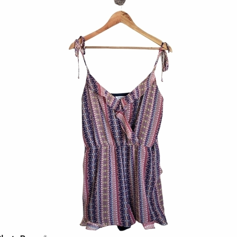 BCBG Y2K stripe multicolor bohemian v-neck ruffled romper shorts